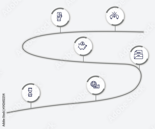 infographic element with business outline icons. included difference, penalty, piggybank, files and folders, sand clock, payment method vector.