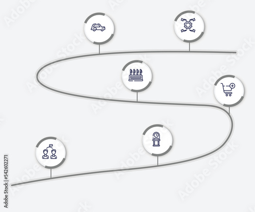 infographic element with auction outline icons. included possibility, old car, pen container, add to cart, competitor, old watch vector.