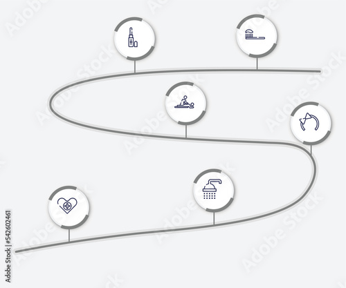 infographic element with beauty outline icons. included brushing, concealer, massages, hair tie, health care, bathing vector.