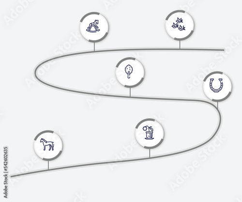 infographic element with nature lineal pack outline icons. included birds group, horse rocker black, plain tree, horseshoe, horse standing, flower pot vector.