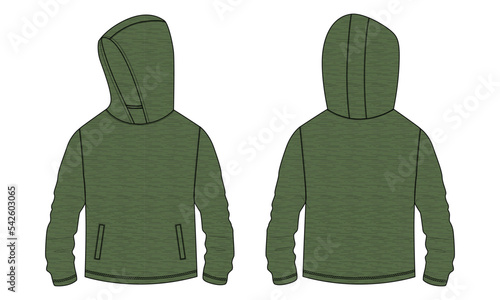 Long sleeve hoodie fashion flat sketch vector illustration template for Baby boys. Cotton fleece fabric Winter sweater jumper Green color mock up cad.