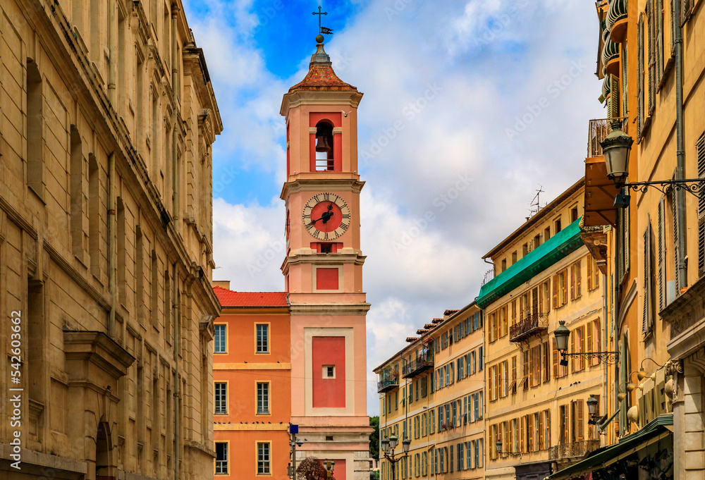 The Caserne Rusca clock tower in the Old Town, Vieille Ville of Nice France