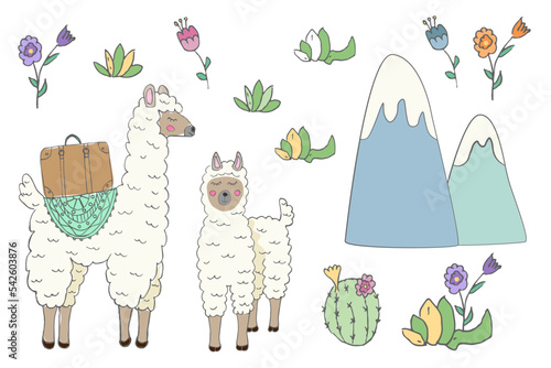 set of isolated cute llama, mountain and other elements - vector illustration, eps