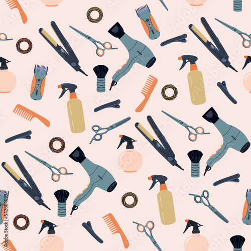 Seamless pattern of hairdressing accessories. Hairbrush, scissors, hair dryer, straightener, tools for barbershop. Hand drawn flat vector illustration isolated on colored background, cartoon style.