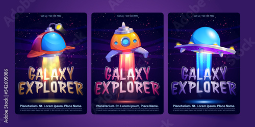 Galaxy explorer posters with futuristic rockets and spaceships flying in outer space with stars. Planetarium, astronomy education banners with shuttles, vector cartoon illustration