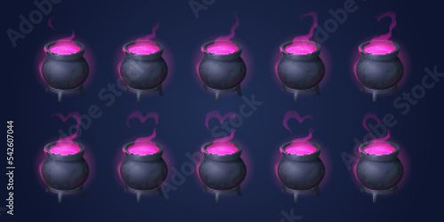 Cauldron with love potion motion sequence animation. Pink heart cloud of magic elixir appear from witch pot and then pass away. Ui design element for game, wizard poison isolated Cartoon vector set