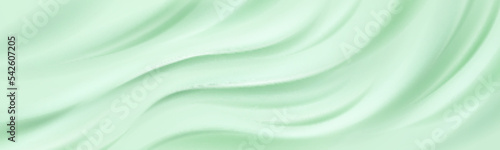 Cream texture, green background of cosmetics gel or ice cream with smooth ripples and waves. Mint cosmetic, frosting, moisture balm, creamy dessert horizontal backdrop Realistic 3d vector illustration