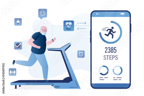 Old man runs on treadmill. Cardio workout for grandfather, fitness exercises. Synchronization of cellphone with fitness tracker. Mobile phone app - step counter, activity heart rate monitoring.