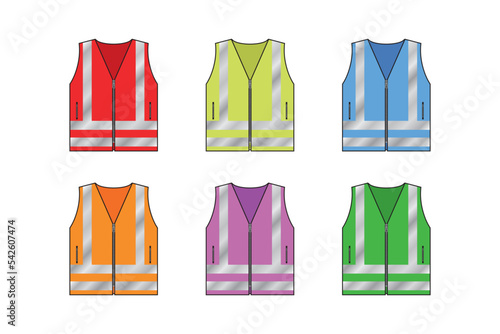 Set of safety reflective vest. Collection of various color fluorescent security safety work jacket with reflective stripes. Front view road uniform vests isolated white background. photo