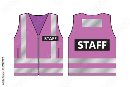Pink fluorescent security safety work jacket with reflective stripes. Safety reflective vest with label - STAFF. Front and back view, uniform vest, isolated on white background.