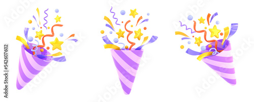 Striped firecracker with flying confetti front and angle view. Cartoon 3d render set of party popper with purple ribbon, spirals and golden stars, isolated cracker birthday surprise
