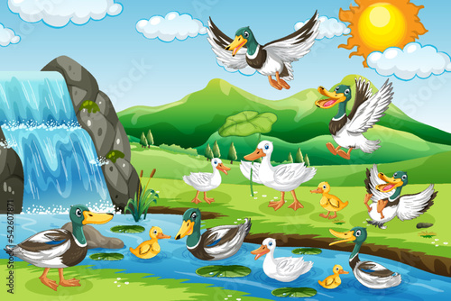 Outdoor scene with cartoon ducks