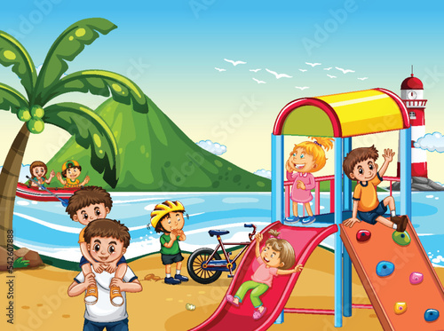 Beach playground with happy children