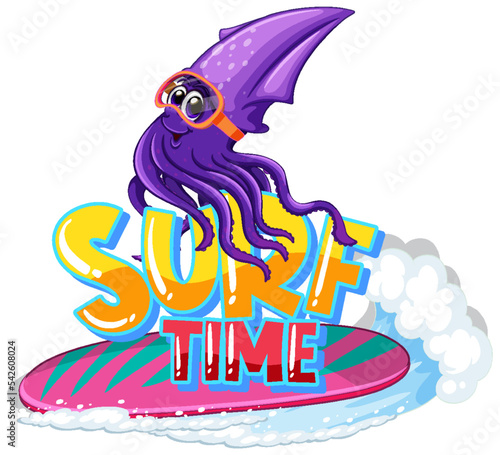 Surf time word with squid cartoon