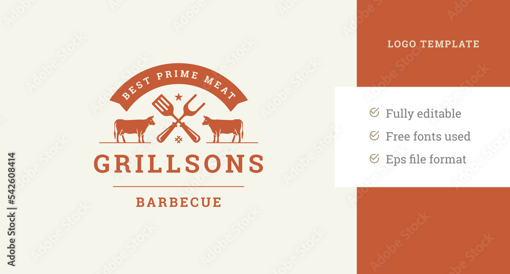 Monochrome grill restaurant meat shop bistro cafe logo design template with cows and ribbon vector