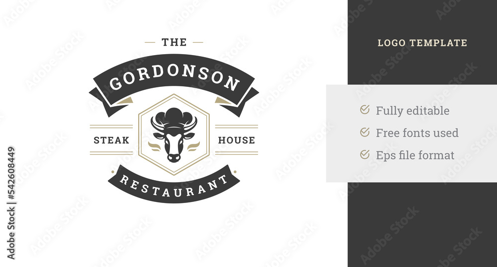Bistro grill restaurant vintage logo design template cow in chef hat decorated by ribbon vector