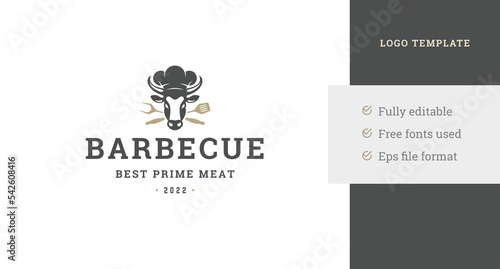 Barbeque bistro shop art vintage logo template design cow bull head in chef hat vector
