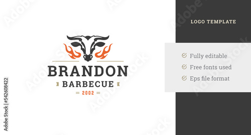 Premium barbecue grill restaurant minimalist logo design template bull head and burning flame vector