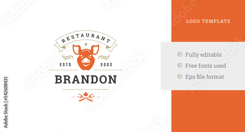 Grill restaurant premium logo design template pig head burning flame crossed barbeque fork vector