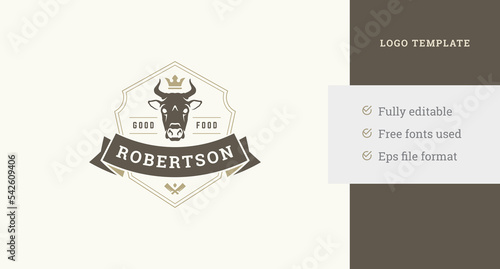 Premium butchery vintage logo design template cow head in crown heraldic shield with ribbon vector