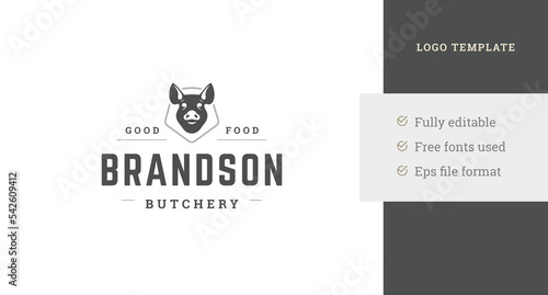 Meat store farmhouse butchery vintage geometric logo design template monochrome pig head vector