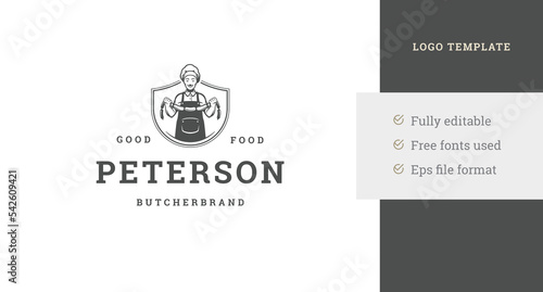 Man butcher holding natural sausage vintage heraldic shield logo design template vector illustration