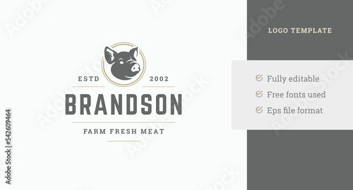 Fresh organic farm meat butchery shop vintage logo design template circle pig head vector