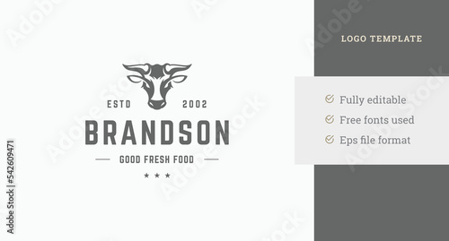 Monochrome vintage butchery shop logo design template goat horned head vector illustration