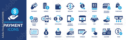 Payment icon set. Business and finance payment collection with money, banking, credit card, exchange, cash and transaction symbol. photo