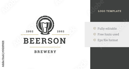 Premium brewery vintage logo design template refreshment foam craft beer beverage in glass vector