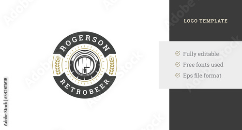Wooden vintage barrel of beer faucet and ears of wheat minimalist circle logo design template vector