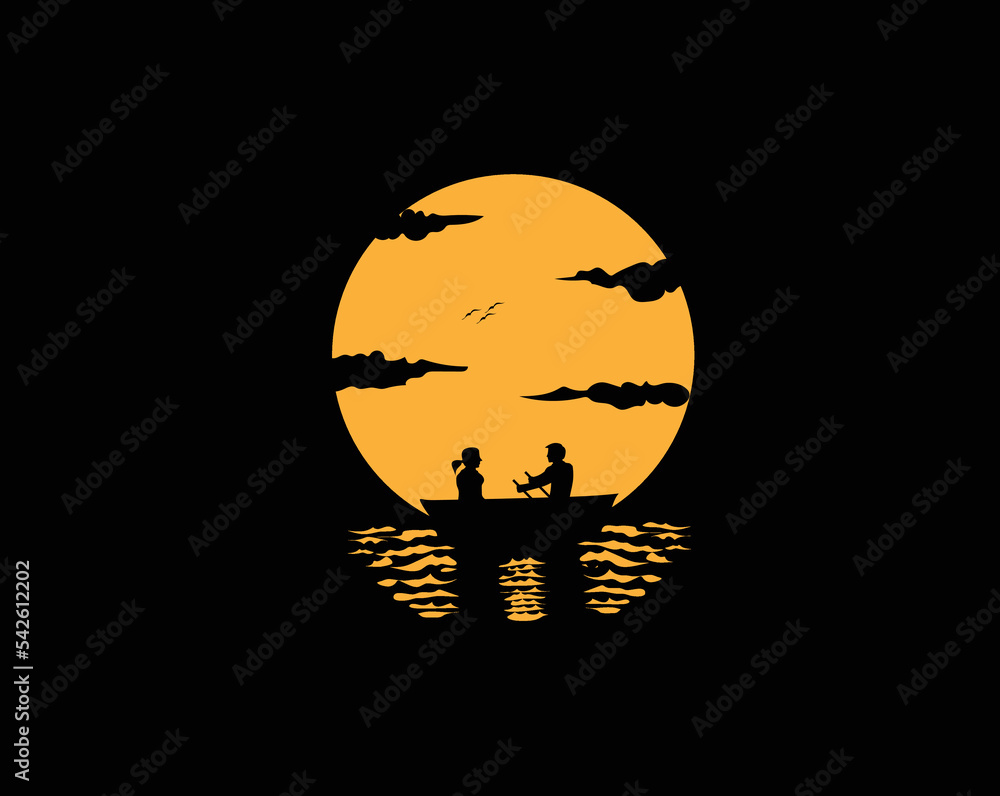 vector silhouettes of 2 people, a man and a woman in a rowing boat at dusk