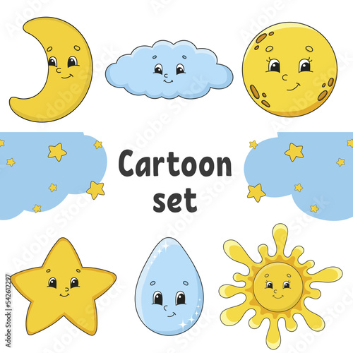 Set of stickers with cute cartoon characters. Hand drawn. Colorful pack. Vector illustration. Patch badges collection for kids. For daily planner, organizer, diary.