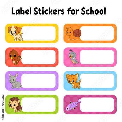 Bright stickers. School name label. Rectangular label. Color vector isolated illustration.