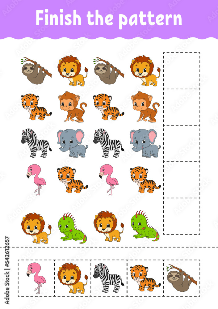 Fototapeta premium Finish the pattern. Cut and play. Education developing worksheet. Activity page. cartoon character. Vector illustration.