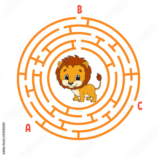 Circle maze. Game for kids. Puzzle for children. Round labyrinth conundrum. Color vector illustration. Find the right path. Education worksheet.