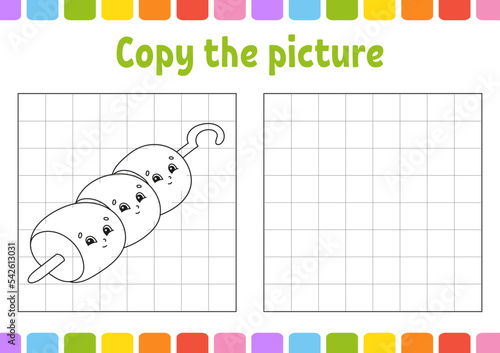 Copy the picture. Coloring book pages for kids. Education developing worksheet. Game for children. Handwriting practice. Funny character. Cute cartoon vector illustration.