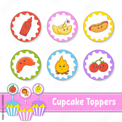 Cupcake Toppers. Set of six round pictures. Barbecue theme. cartoon characters. Cute image. For birthday, baby shower.