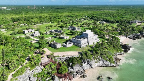 Aerial view of Mayan ruins and Tulum coast in Mexico.