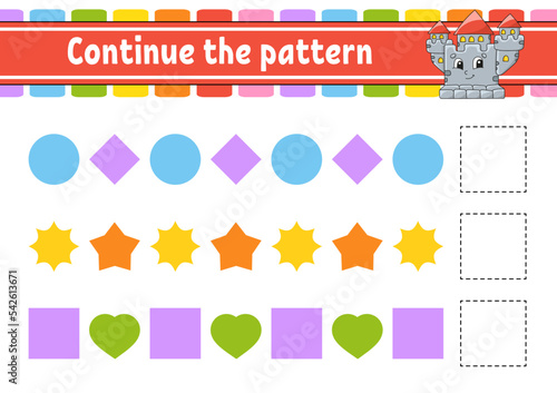 Continue the pattern. Education developing worksheet. Game for kids. Activity page. Puzzle for children. Riddle for preschool. Cute cartoon style. Vector illustration.