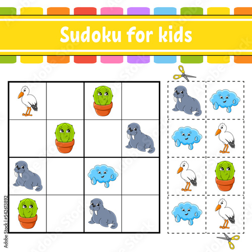 Sudoku for kids. Education developing worksheet. Activity page with pictures. Puzzle game for children. Logical thinking training. Funny character. Vector illustration.
