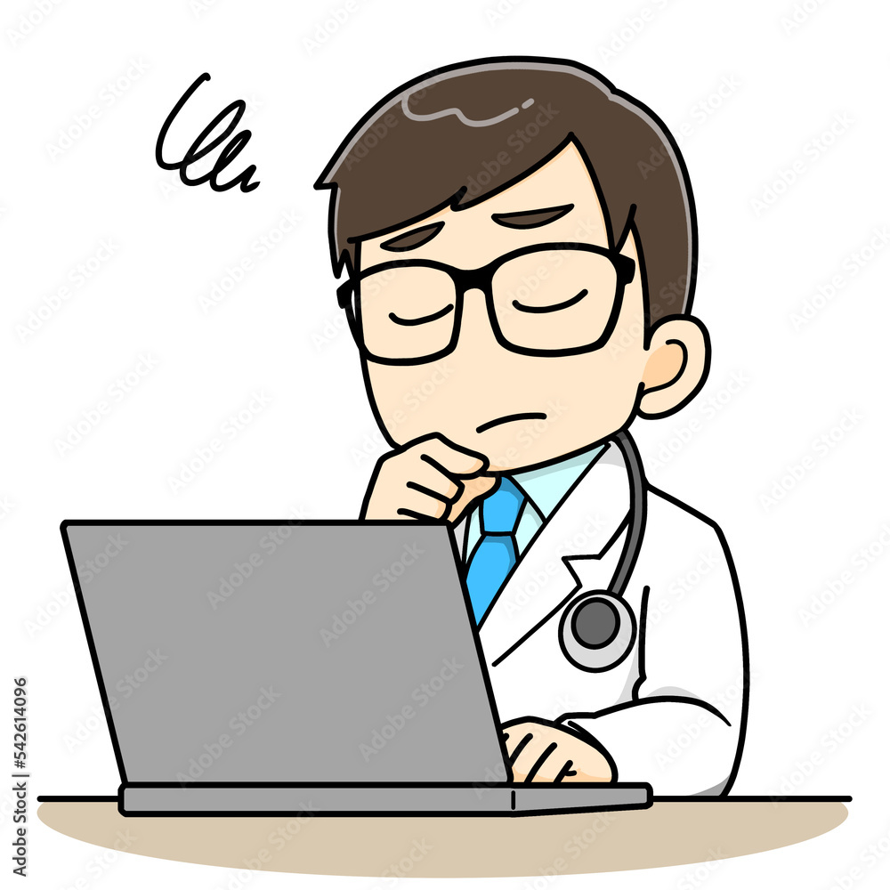 パソコンの前で困り悩む男性医師