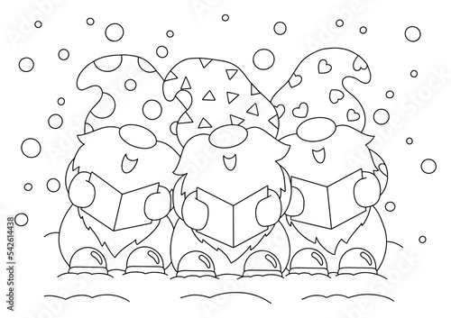 Merry gnomes sing a Christmas song. Coloring book page for kids. Cartoon style character. Vector illustration isolated on white background.