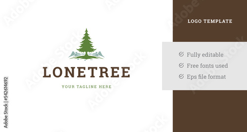 Evergreen spruce tree at mountain landscape vintage logo design template vector illustration