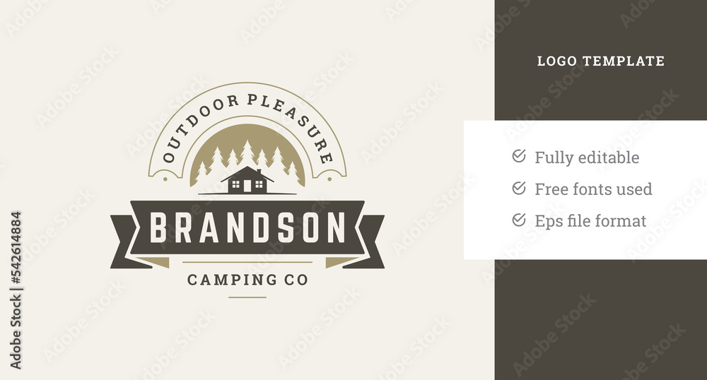 Obraz premium Vector emblem with countryside hut and forest