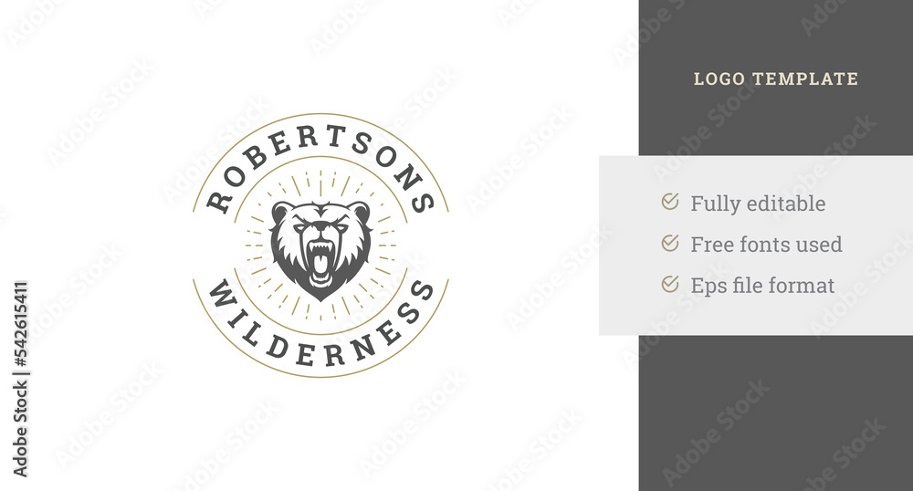Roaring angry bear head with open mouth circle vintage logo design template vector illustration
