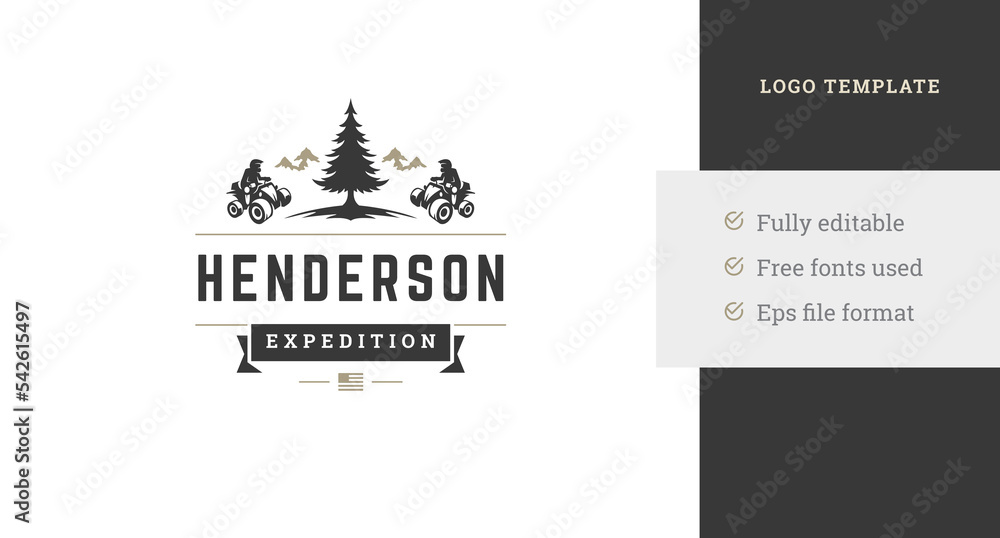 Male riders on quad bikes race extreme sport riding on mountain forest logo design template vector