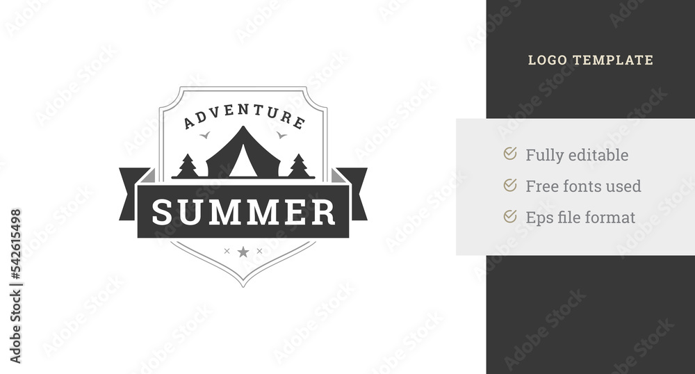 Obraz premium Camping tent forest adventure extreme expedition vintage logo design template shield ribbon vector