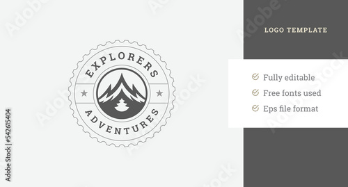 Nature explore adventure mountain spruce tree circle vintage logo design template vector