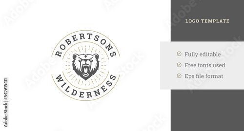 Roaring angry bear head with open mouth circle vintage logo design template vector illustration